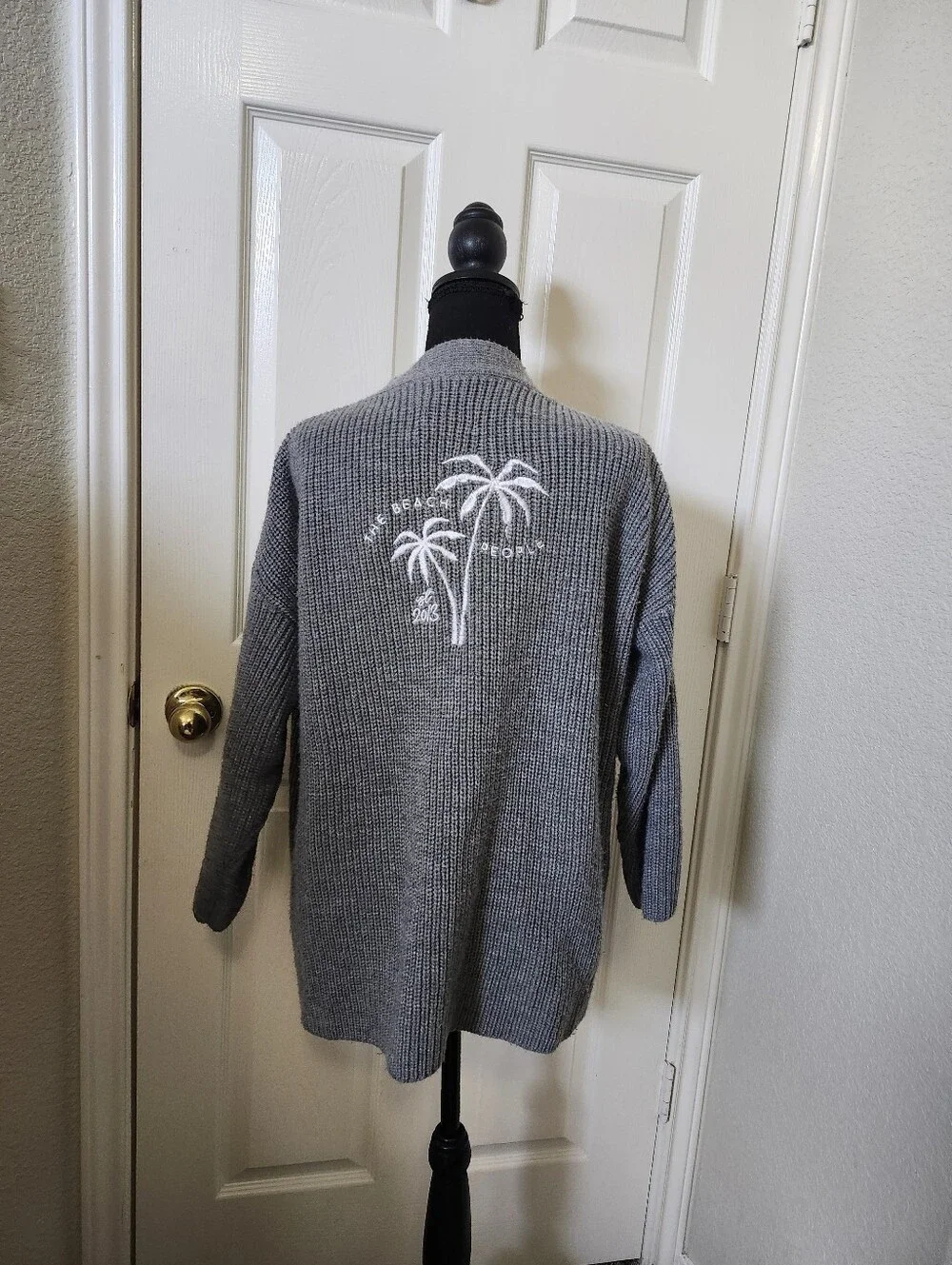The Beach People Cozy Grey Knit Cardigan with Palm Embroidery
